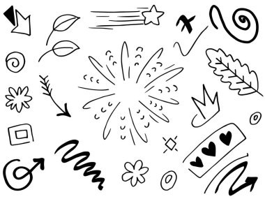 El çizimi elementler. Kavram tasarımı için soyut oklar, kurdeleler ve diğer elementler elle çizilmiş. Doodle vektör illüstrasyonu