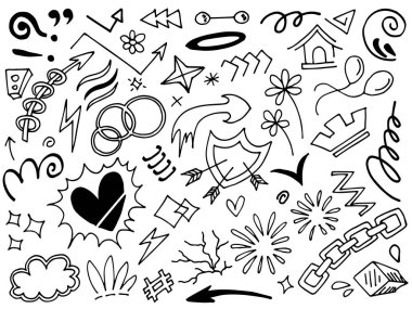 El çizimi elementler. Kavram tasarımı için soyut oklar, kurdeleler ve diğer elementler elle çizilmiş. Doodle vektör illüstrasyonu