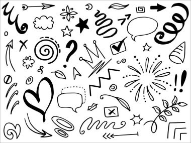 El çizimi elementler. Kavram tasarımı için soyut oklar, kurdeleler ve diğer elementler elle çizilmiş. Doodle vektör illüstrasyonu