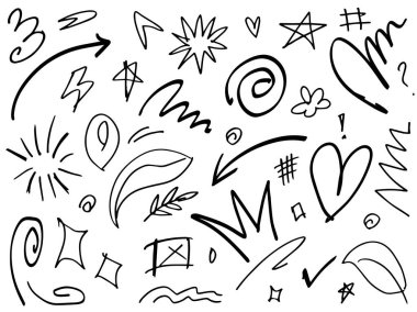 El çizimi elementler. Kavram tasarımı için soyut oklar, kurdeleler ve diğer elementler elle çizilmiş. Doodle vektör illüstrasyonu