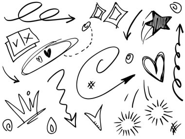 Tasarımlar için el çizimi tarzında soyut oklar, kurdeleler, kalpler, yıldızlar, taçlar ve diğer elementler. Yazı illüstrasyonu. Vektör illüstrasyonu.