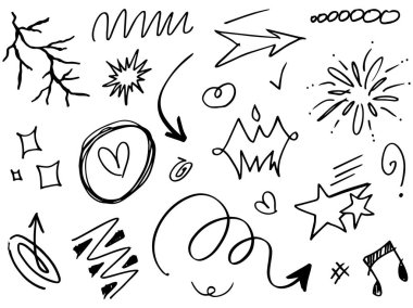 Tasarımlar için el çizimi tarzında soyut oklar, kurdeleler, kalpler, yıldızlar, taçlar ve diğer elementler. Yazı illüstrasyonu. Vektör illüstrasyonu.