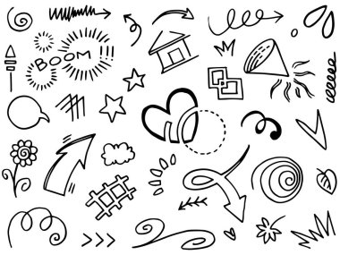 Tasarımlar için el çizimi tarzında soyut oklar, kurdeleler, kalpler, yıldızlar, taçlar ve diğer elementler. Yazı illüstrasyonu. Vektör illüstrasyonu.