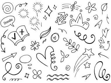 Tasarımlar için el çizimi tarzında soyut oklar, kurdeleler, kalpler, yıldızlar, taçlar ve diğer elementler. Yazı illüstrasyonu. Vektör illüstrasyonu.