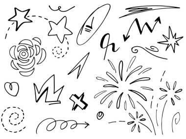 Tasarımlar için el çizimi tarzında soyut oklar, kurdeleler, kalpler, yıldızlar, taçlar ve diğer elementler. Yazı illüstrasyonu. Vektör illüstrasyonu.
