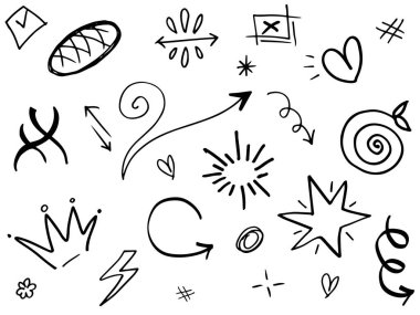 Tasarımlar için el çizimi tarzında soyut oklar, kurdeleler, kalpler, yıldızlar, taçlar ve diğer elementler. Yazı illüstrasyonu. Vektör illüstrasyonu.