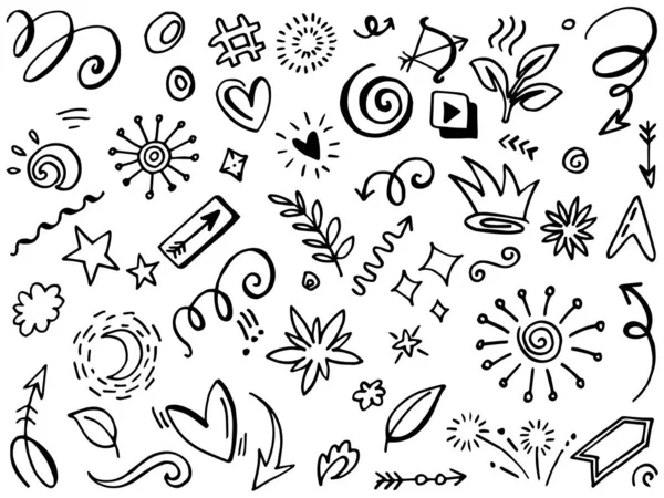 El çizimi elementler. Kavram tasarımı için soyut oklar, kurdeleler ve diğer elementler elle çizilmiş. Doodle vektör illüstrasyonu