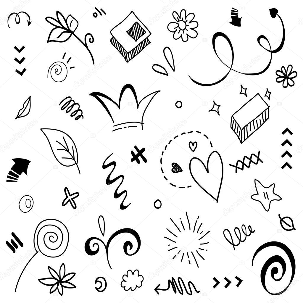 Hand drawn set elements.Abstract arrows, ribbons and other elements in hand drawn style for concept design. Doodle vector illustration