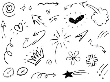 Tasarımlar için el çizimi tarzında soyut oklar, kurdeleler, kalpler, yıldızlar, taçlar ve diğer elementler. Yazı illüstrasyonu. Vektör illüstrasyonu.