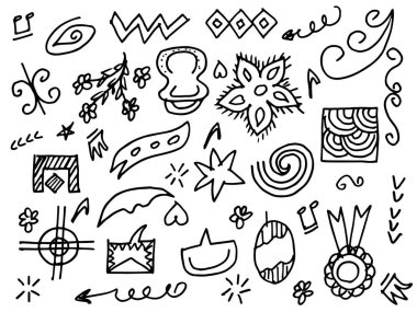 Tasarımlar için el çizimi tarzında soyut oklar, kurdeleler, kalpler, yıldızlar, taçlar ve diğer elementler. Yazı illüstrasyonu. Vektör illüstrasyonu.