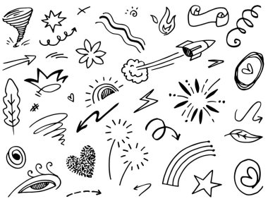 Tasarımlar için el çizimi tarzında soyut oklar, kurdeleler, kalpler, yıldızlar, taçlar ve diğer elementler. Yazı illüstrasyonu. Vektör illüstrasyonu.