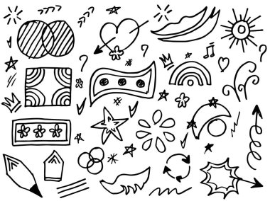 Tasarımlar için el çizimi tarzında soyut oklar, kurdeleler, kalpler, yıldızlar, taçlar ve diğer elementler. Yazı illüstrasyonu. Vektör illüstrasyonu.