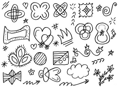 Tasarımlar için el çizimi tarzında soyut oklar, kurdeleler, kalpler, yıldızlar, taçlar ve diğer elementler. Yazı illüstrasyonu. Vektör illüstrasyonu.