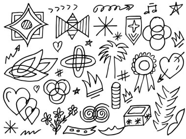 Tasarımlar için el çizimi tarzında soyut oklar, kurdeleler, kalpler, yıldızlar, taçlar ve diğer elementler. Yazı illüstrasyonu. Vektör illüstrasyonu.