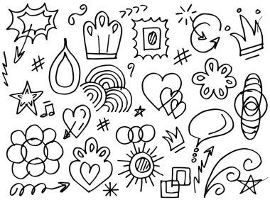 Tasarımlar için el çizimi tarzında soyut oklar, kurdeleler, kalpler, yıldızlar, taçlar ve diğer elementler. Yazı illüstrasyonu. Vektör illüstrasyonu.