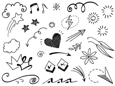 Tasarımlar için el çizimi tarzında soyut oklar, kurdeleler, kalpler, yıldızlar, taçlar ve diğer elementler. Yazı illüstrasyonu. Vektör illüstrasyonu.