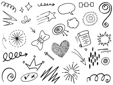 Tasarımlar için el çizimi tarzında soyut oklar, kurdeleler, kalpler, yıldızlar, taçlar ve diğer elementler. Yazı illüstrasyonu. Vektör illüstrasyonu.