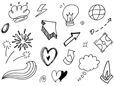 Tasarımlar için el çizimi tarzında soyut oklar, kurdeleler, kalpler, yıldızlar, taçlar ve diğer elementler. Yazı illüstrasyonu. Vektör illüstrasyonu.