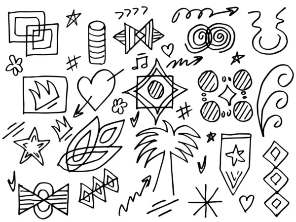Tasarımlar için el çizimi tarzında soyut oklar, kurdeleler, kalpler, yıldızlar, taçlar ve diğer elementler. Yazı illüstrasyonu. Vektör illüstrasyonu.