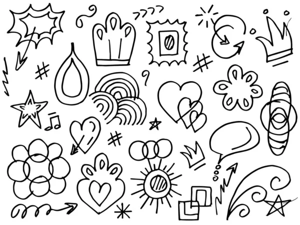 Tasarımlar için el çizimi tarzında soyut oklar, kurdeleler, kalpler, yıldızlar, taçlar ve diğer elementler. Yazı illüstrasyonu. Vektör illüstrasyonu.