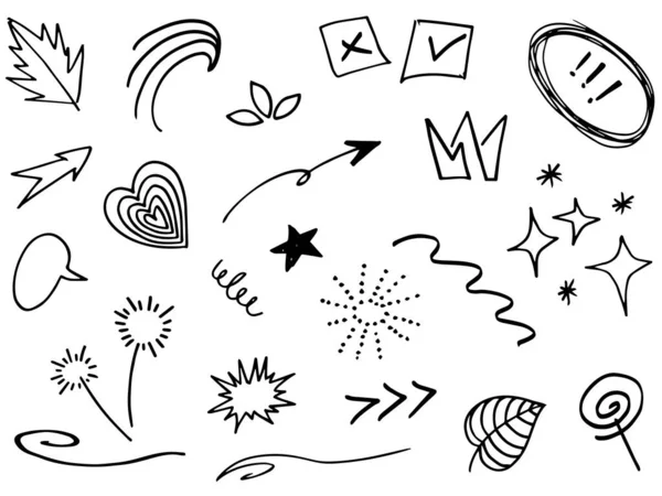 Tasarımlar için el çizimi tarzında soyut oklar, kurdeleler, kalpler, yıldızlar, taçlar ve diğer elementler. Yazı illüstrasyonu. Vektör illüstrasyonu.