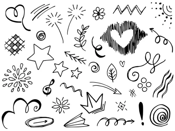 Tasarımlar için el çizimi tarzında soyut oklar, kurdeleler, kalpler, yıldızlar, taçlar ve diğer elementler. Yazı illüstrasyonu. Vektör illüstrasyonu.