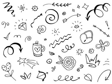 Tasarımlar için el çizimi tarzında soyut oklar, kurdeleler, kalpler, yıldızlar, taçlar ve diğer elementler. Yazı illüstrasyonu. Vektör illüstrasyonu.