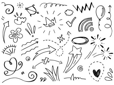 El çizimi elementler, soyut oklar, kurdeleler, kalpler, yıldızlar, taçlar ve diğer elementler konsept tasarımlar için el çizimi tarzında. Yazı illüstrasyonu. Vektör illüstrasyonu.