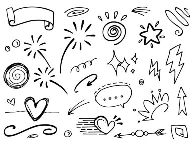 El çizimi elementler, soyut oklar, kurdeleler, kalpler, yıldızlar, taçlar ve diğer elementler konsept tasarımlar için el çizimi tarzında. Yazı illüstrasyonu. Vektör illüstrasyonu.