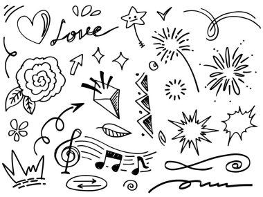 El çizimi elementler, soyut oklar, kurdeleler, kalpler, yıldızlar, taçlar ve diğer elementler konsept tasarımlar için el çizimi tarzında. Yazı illüstrasyonu. Vektör illüstrasyonu.