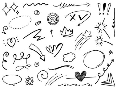 El çizimi elementler, soyut oklar, kurdeleler, kalpler, yıldızlar, taçlar ve diğer elementler konsept tasarımlar için el çizimi tarzında. Yazı illüstrasyonu. Vektör illüstrasyonu.