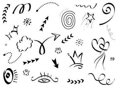 El çizimi elementler, soyut oklar, kurdeleler, kalpler, yıldızlar, taçlar ve diğer elementler konsept tasarımlar için el çizimi tarzında. Yazı illüstrasyonu. Vektör illüstrasyonu.