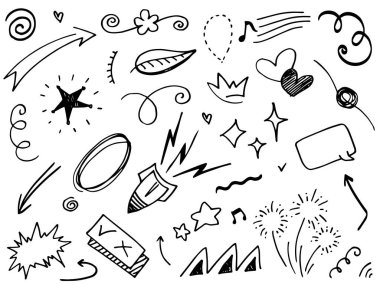 El çizimi elementler, soyut oklar, kurdeleler, kalpler, yıldızlar, taçlar ve diğer elementler konsept tasarımlar için el çizimi tarzında. Yazı illüstrasyonu. Vektör illüstrasyonu.