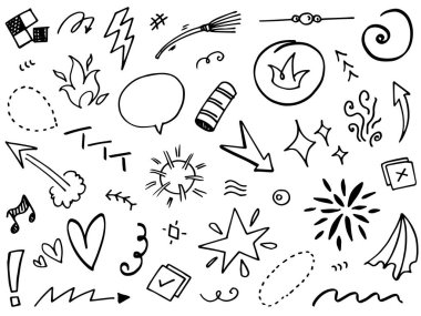 El çizimi elementler, soyut oklar, kurdeleler, kalpler, yıldızlar, taçlar ve diğer elementler konsept tasarımlar için el çizimi tarzında. Yazı illüstrasyonu. Vektör illüstrasyonu.