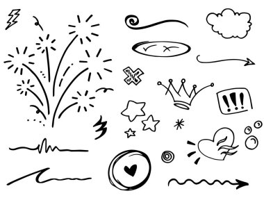 El çizimi elementler, soyut oklar, kurdeleler, kalpler, yıldızlar, taçlar ve diğer elementler konsept tasarımlar için el çizimi tarzında. Yazı illüstrasyonu. Vektör illüstrasyonu.