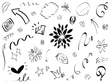 El çizimi elementler, soyut oklar, kurdeleler, kalpler, yıldızlar, taçlar ve diğer elementler konsept tasarımlar için el çizimi tarzında. Yazı illüstrasyonu. Vektör illüstrasyonu.