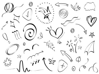 El çizimi elementler, soyut oklar, kurdeleler, kalpler, yıldızlar, taçlar ve diğer elementler konsept tasarımlar için el çizimi tarzında. Yazı illüstrasyonu. Vektör illüstrasyonu.