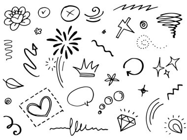 El çizimi elementler, soyut oklar, kurdeleler, kalpler, yıldızlar, taçlar ve diğer elementler konsept tasarımlar için el çizimi tarzında. Yazı illüstrasyonu. Vektör illüstrasyonu.