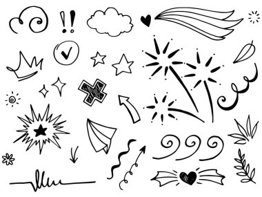 El çizimi elementler, soyut oklar, kurdeleler, kalpler, yıldızlar, taçlar ve diğer elementler konsept tasarımlar için el çizimi tarzında. Yazı illüstrasyonu. Vektör illüstrasyonu.