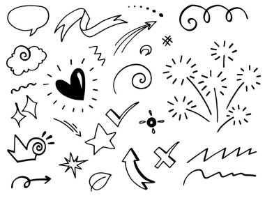El çizimi elementler, soyut oklar, kurdeleler, kalpler, yıldızlar, taçlar ve diğer elementler konsept tasarımlar için el çizimi tarzında. Yazı illüstrasyonu. Vektör illüstrasyonu.