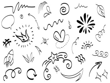 El çizimi elementler, soyut oklar, kurdeleler, kalpler, yıldızlar, taçlar ve diğer elementler konsept tasarımlar için el çizimi tarzında. Yazı illüstrasyonu. Vektör illüstrasyonu.