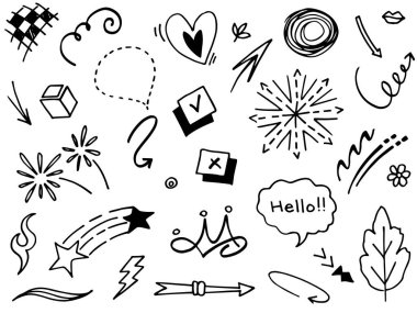 El çizimi elementler, soyut oklar, kurdeleler, kalpler, yıldızlar, taçlar ve diğer elementler konsept tasarımlar için el çizimi tarzında. Yazı illüstrasyonu. Vektör illüstrasyonu.