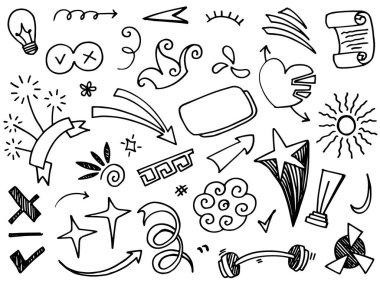El çizimi elementler, soyut oklar, kurdeleler, kalpler, yıldızlar, taçlar ve diğer elementler konsept tasarımlar için el çizimi tarzında. Yazı illüstrasyonu. Vektör illüstrasyonu.