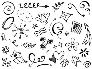 El çizimi elementler, soyut oklar, kurdeleler, kalpler, yıldızlar, taçlar ve diğer elementler konsept tasarımlar için el çizimi tarzında. Yazı illüstrasyonu. Vektör illüstrasyonu.