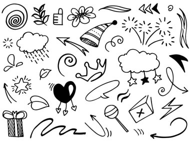 El çizimi elementler, soyut oklar, kurdeleler, kalpler, yıldızlar, taçlar ve diğer elementler konsept tasarımlar için el çizimi tarzında. Yazı illüstrasyonu. Vektör illüstrasyonu.