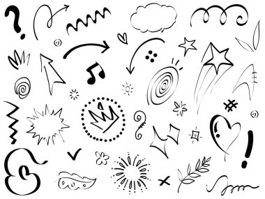 El çizimi elementler, soyut oklar, kurdeleler, kalpler, yıldızlar, taçlar ve diğer elementler konsept tasarımlar için el çizimi tarzında. Yazı illüstrasyonu. Vektör illüstrasyonu.