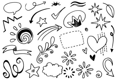 El yapımı elementler, soyut oklar, kurdeleler, havai fişekler, kalpler, şimşekler, aşk, yaprak, yıldızlar, taçlar ve diğer elementler konsept tasarımlar için el çizimi tarzında. Scribble illüstrasyonu.