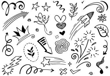 El yapımı elementler, soyut oklar, kurdeleler, havai fişekler, kalpler, şimşekler, aşk, yaprak, yıldızlar, taçlar ve diğer elementler konsept tasarımlar için el çizimi tarzında. Scribble illüstrasyonu.
