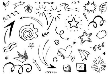 El yapımı elementler, soyut oklar, kurdeleler, havai fişekler, kalpler, şimşekler, aşk, yaprak, yıldızlar, taçlar ve diğer elementler konsept tasarımlar için el çizimi tarzında. Scribble illüstrasyonu.