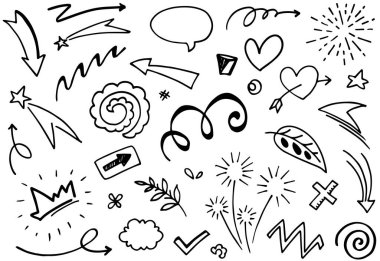 El yapımı elementler, soyut oklar, kurdeleler, havai fişekler, kalpler, şimşekler, aşk, yaprak, yıldızlar, taçlar ve diğer elementler konsept tasarımlar için el çizimi tarzında. Scribble illüstrasyonu.